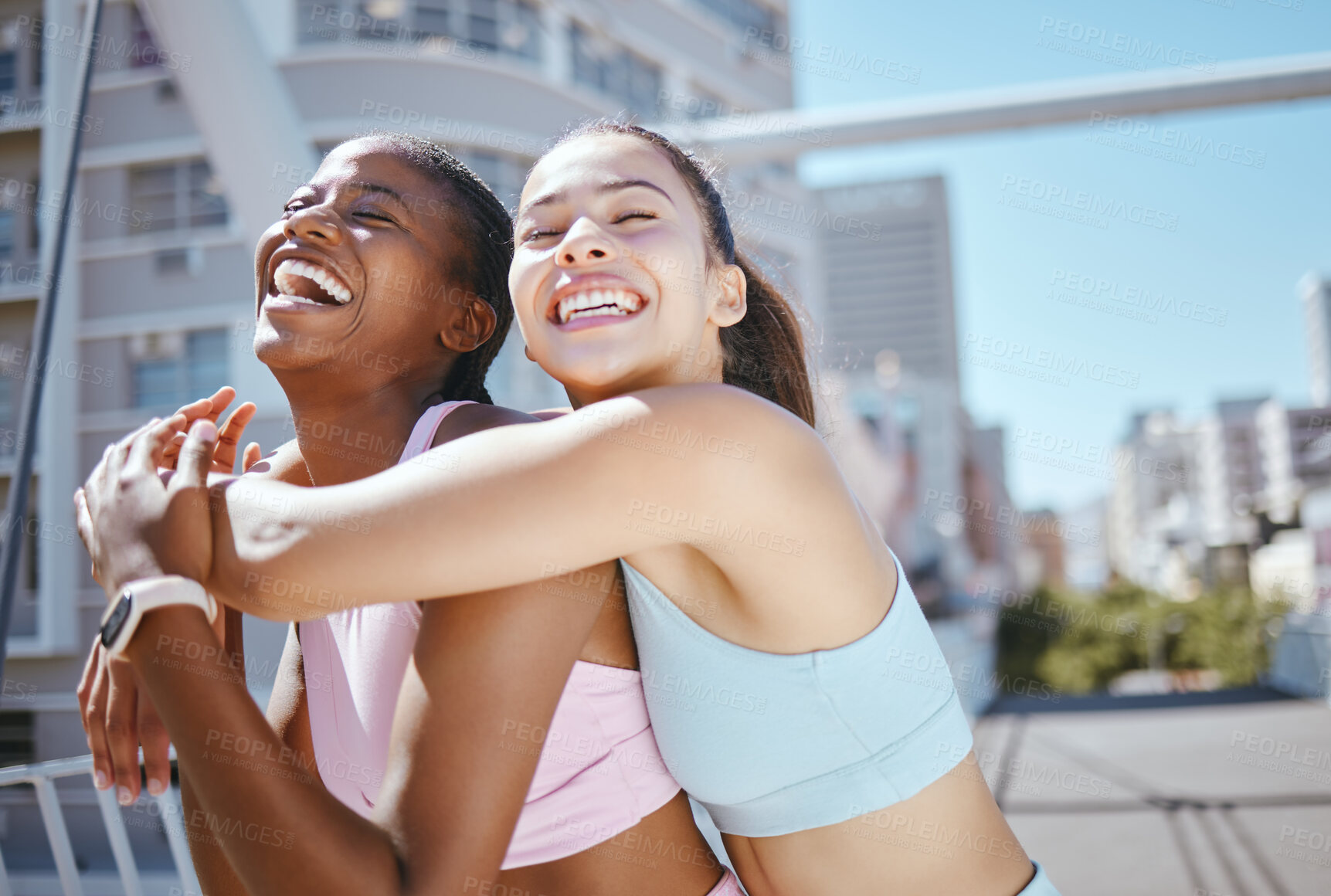 Buy stock photo Fitness friends, women and support hug in city workout, running motivation and summer exercise outdoors. Happy, diversity and wellness excited female athletes, runners and pride for healthy training
