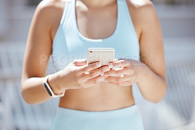 Buy stock photo Hands of exercise woman typing on a phone, check fitness app or step tracker for exercise support on training run. Sports, marathon runner or workout girl with digital tech for help on cardio running