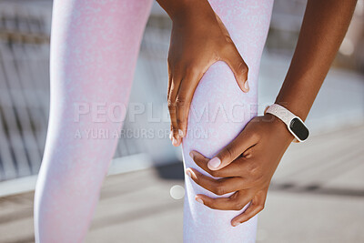 Buy stock photo Black woman, hands or knee pain from running, workout or city training for wellness, health or cardio. Zoom, runner or sports injury from fitness workout accident, stress burnout or medical emergency