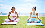 Women, yoga and relax fitness in park for workout, training or exercise on nature grass, peace environment or sustainability garden. Smile, happy or zen friends for wellness pilates for chakra energy