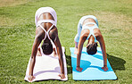 Yoga women, downward dog pose and outdoor grass workout for balance, energy and zen wellness. Calm, healthy and friends pilates exercise, summer training and stretching body together in on park lawn