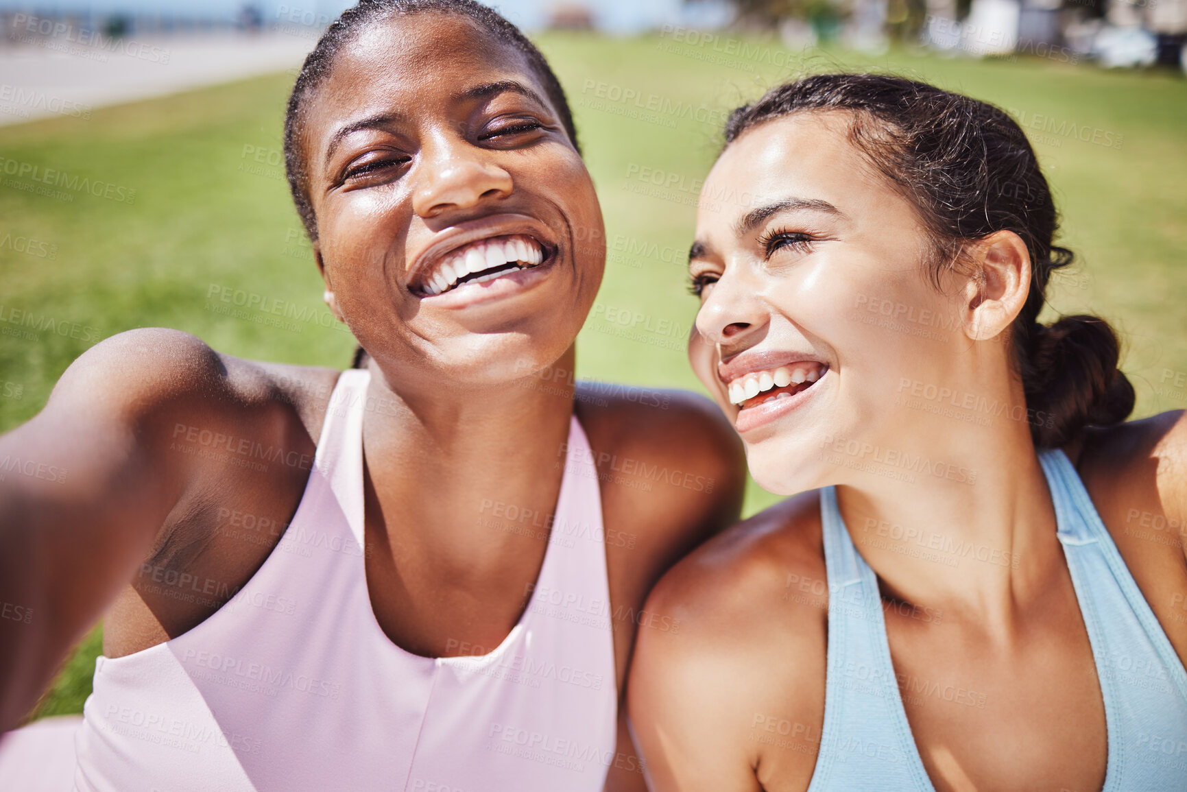 Buy stock photo Woman, fitness friends and smile for selfie in sports exercise, workout and training together in nature. Happy active women smiling for photo in healthy happiness and friendship in South Africa