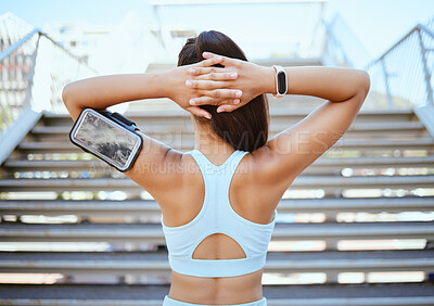 Buy stock photo Fitness, smartphone and smartwatch of woman stretching arms outdoor running workout or training on steps or stairs in summer. Wellness, motivation and digital technology with sports runner or athlete