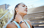 Fitness, woman and smartwatch for pulse and progress tracking during exercise on city steps. Health, wellness and cardio monitor by female hand on neck, checking heart rate while training in town