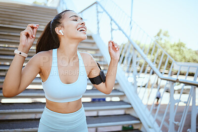 Buy stock photo Fitness, freedom and dance with women listen to music and dancing during a morning exercise routine on steps, happy and laughing, Podcast, radio and wellness celebration by female celebrating victory