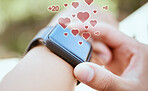 Hands, fitness smartwatch or heart abstract on health digital tracker for wellness training time, workout exercise or 3D data. Zoom, hands and sports personal trainer with futuristic clock technology