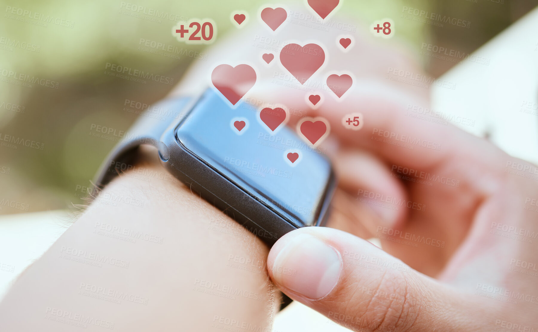 Buy stock photo Hands, fitness smartwatch or heart abstract on health digital tracker for wellness training time, workout exercise or 3D data. Zoom, hands and sports personal trainer with futuristic clock technology