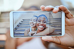 Phone, selfie and hand of friends smile for friendship photo together relaxing in the outdoors. Closeup portrait of young happy women smiling and holding mobile smartphone relax for picture