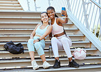 Fitness, phone and friends take selfie after running, exercise and workout for social media outdoors on steps or stairs. Diversity, wellness and happy runners showing women or girls power in sports