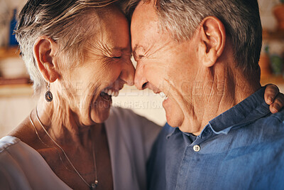 Buy stock photo Happy senior couple, laughing and forehead faces in joyful happiness and love for relationship together at home. Closeup of elderly man and woman laugh and smile in funny, loving and touching moment