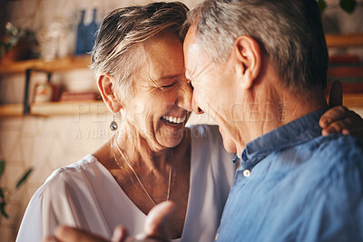 Buy stock photo Dancing, happy senior couple smile together and dance with love in retirement. Anniversary celebration at home, mature married healthy man and active woman support each other in retired old age 