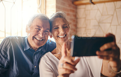 Buy stock photo Old couple, phone and selfie smile in restaurant spending quality time together. Romance, love and retired man, woman and picture on 5g mobile, happy memory or social media post to celebrate marriage