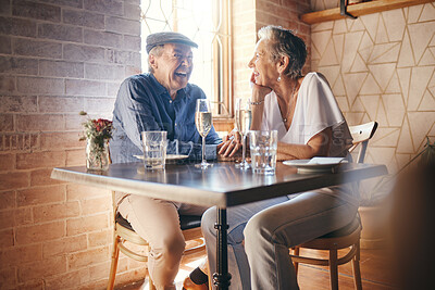 Buy stock photo Love, smile and old couple holding hands in restaurant with champagne glasses and laughing. Romance, affection and elderly, retired man and woman with sparkling wine to celebrate anniversary together