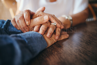 Buy stock photo Trust, love and old couple holding hands to support each other in marriage, life and retirement with empathy. Gratitude, understanding and elderly woman comforting her senior partner with sympathy