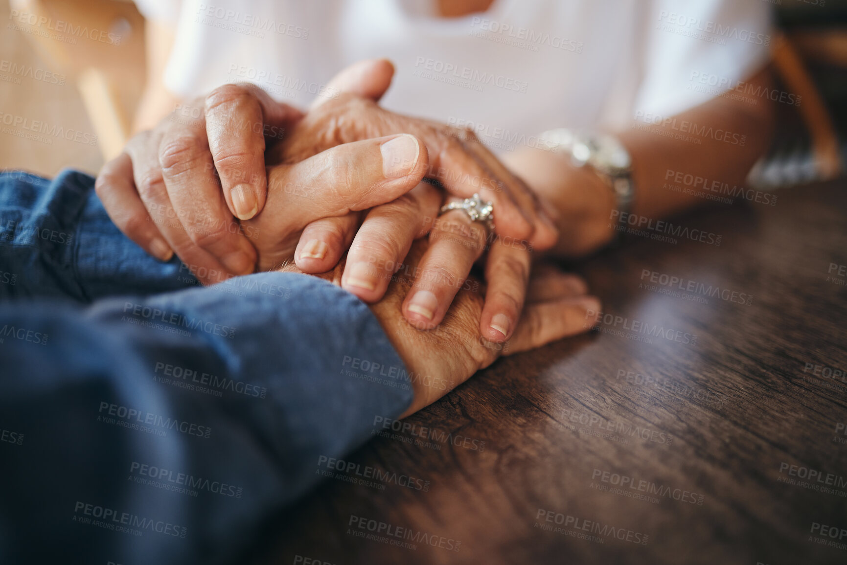 Buy stock photo Trust, love and old couple holding hands to support each other in marriage, life and retirement with empathy. Gratitude, understanding and elderly woman comforting her senior partner with sympathy