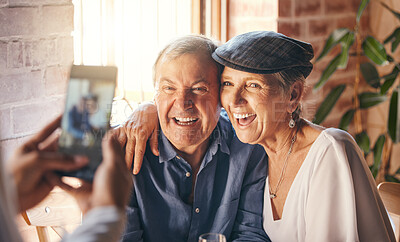 Buy stock photo Hands, phone and photography of senior couple smile together for joy, happiness and relationship love. Elderly, retired and married man and woman smiling, excited and happy for digital mobile photo