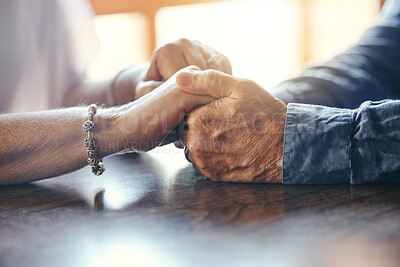 Buy stock photo Support, hope and old couple love holding hands together to show empathy, gratitude and solidarity in marriage. Trust, old man and elderly woman care, respect and help each other in retirement life