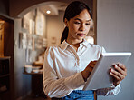 Cafe startup, digital tablet and entrepreneur checking restaurant website online on internet. Small business owner, modern cafeteria and woman leader from mexico planning food menu on mobile device.