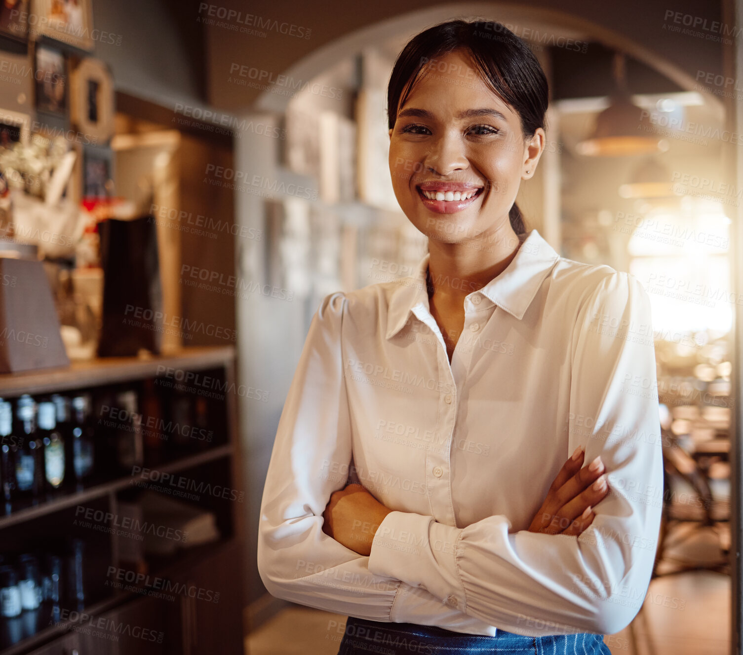 Buy stock photo Woman, waitress and manager of restaurant, coffee shop and cafe with motivation vision, trust and waiter service. Portrait, smile and happy small business server, worker and employee in food industry