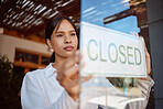 Restaurant small business, closed sign and waiter woman at local coffee shop startup finish service. Hospitality Mexico girl waitress manager, glass door and cafe store entrance notice announcement