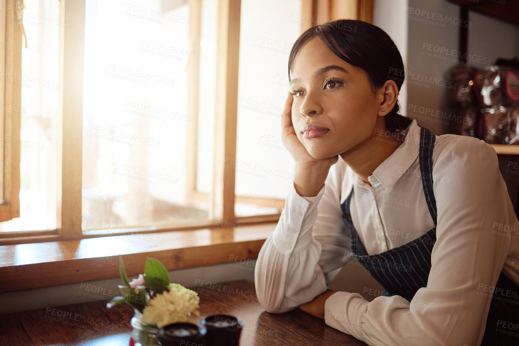 Buy stock photo Restaurant, stress and waitress thinking of future goal while frustrated working at a cafe. Tired black woman, waiter or cafe worker with burnout and idea for small business at a coffee shop