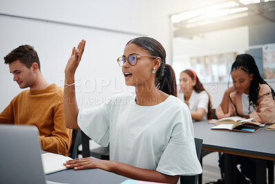 Buy stock photo Education through questions by students at university with diversity during lecture. Young woman in classroom, asking with hand up while classmate listen on. Motivation through discussion. 