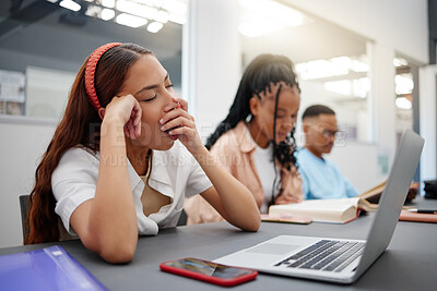 Buy stock photo Burnout, tired and university student study in class lecture or library with laptop learning or digital education scholarship application or research. Fatigue, yawn and gen z woman college technology