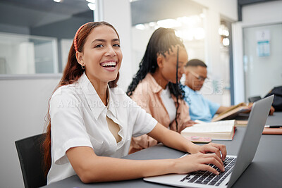 Buy stock photo University, internet and student typing notes on laptop with smile at a table in a classroom of school. Portrait of a girl in college learning education in lecture and happy about campus wifi for pc