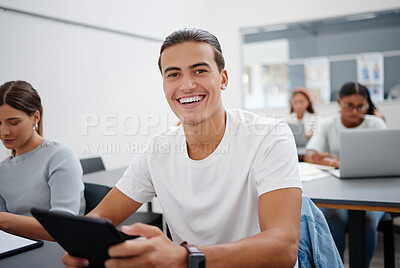 Buy stock photo Classroom, digital tablet and student portrait for university learning software app, information technology course and education. Happy college scholarship man with people for online project research