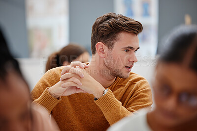 Buy stock photo College, student and study in a university classroom or lecture for education, scholarship and training. Thinking male learning and talking in workshop with group of school students in an academy
