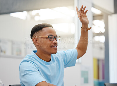 Buy stock photo Question, learning and black man raise hand for education, knowledge growth and answer in a lecture. University student or worker ready to learn, study and gain information insight in a classroom 