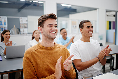 Buy stock photo Training, workshop and hands clapping by business people for speech presentation in office, happy and excited. Team, meeting and applause in support of motivation speech, innovation goal conference