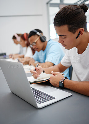Buy stock photo Music, laptop and university student studying for exam with technology for online course information, research class. College people with headphones for elearning translation audio and writing notes