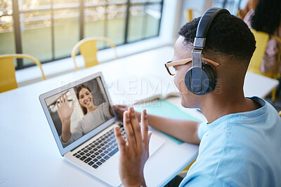 Buy stock photo Video call, webinar and male student or employee waving for conference meeting on laptop, headphone and computer for communication. Remote black man on online zoom for education or chatting to friend