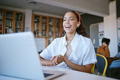 Buy stock photo Woman, laptop and earphones in library video call, elearning or studying. Education, online lecture or female from Brazil in university in webinar training, educational class or college course on pc
