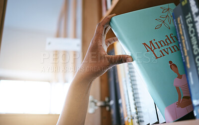 Buy stock photo Books, research and hands of woman in library of university for education, learning and knowledge. Vision, student and goals with girl choosing from bookshelf for reading, college and information 