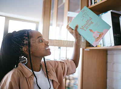 Buy stock photo Black woman, happy and home library books ready to spend a calm, relax and content reading day. Happy smile of a person from Jamaica holding a mindfulness living book in a house for mental health 