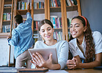 University friends, women students and library tablet research connect for knowledge, learning and college education together. Happy youth, campus study group or planning digital project ideas online