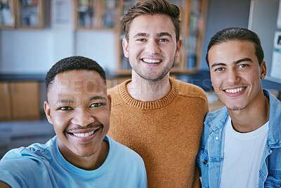 Buy stock photo Selfie, education and student in a library for knowledge, learning and study on university campus. Scholarship, vision and happy with men friends in college for school, trust and study together