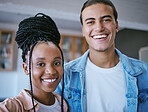Friends, diversity and happy students take a selfie in college or university campus on a weekend. Portrait of black woman or gen z girl and young Latino man enjoying school scholarship education