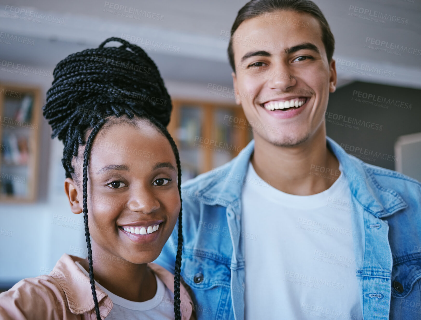 Buy stock photo Friends, diversity and happy students take a selfie in college or university campus on a weekend. Portrait of black woman or gen z girl and young Latino man enjoying school scholarship education