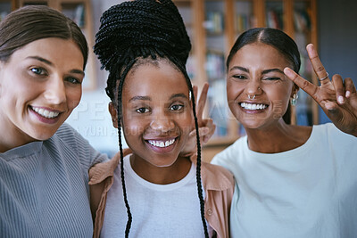Buy stock photo Selfie, peace sign and a group of girl friends with smile on face in classroom together. Diversity, friendship and education, happy women and university students pose for photograph in school library