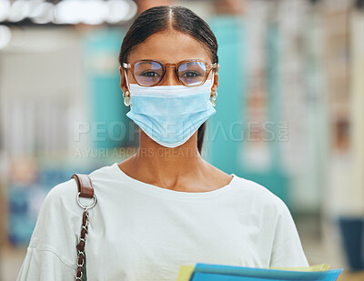 Buy stock photo University student, woman portrait and covid face mask for college, education and learning. Young campus female safety in corona virus pandemic, flu bacteria and health protection at studying school