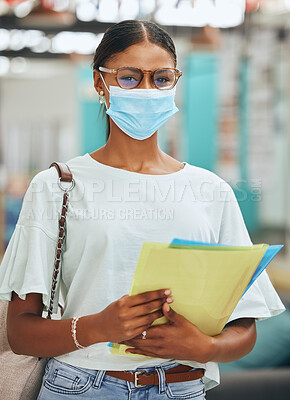 Buy stock photo College student, woman and covid face mask for university, education and learning. Portrait of young campus female safety in corona virus pandemic, flu bacteria or health safety while studying school