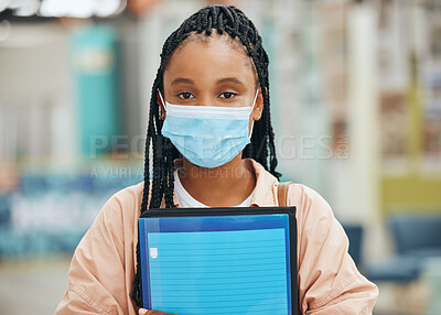 Buy stock photo Student, covid and a portrait of black woman with face mask and file at university or college. Safety, protection from virus infection and education, young african girl learning during a pandemic. 