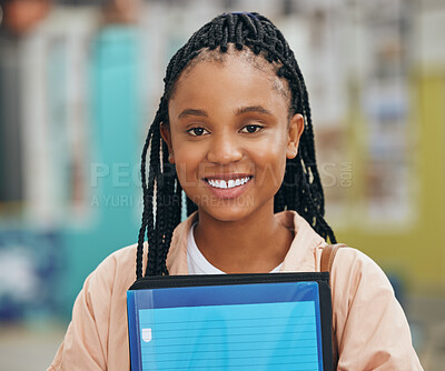 Buy stock photo College student, black woman portrait and university studying, learning and education at campus. Happy, smile and cool gen z young girl with exam books, motivation and academic knowledge in Jamaica