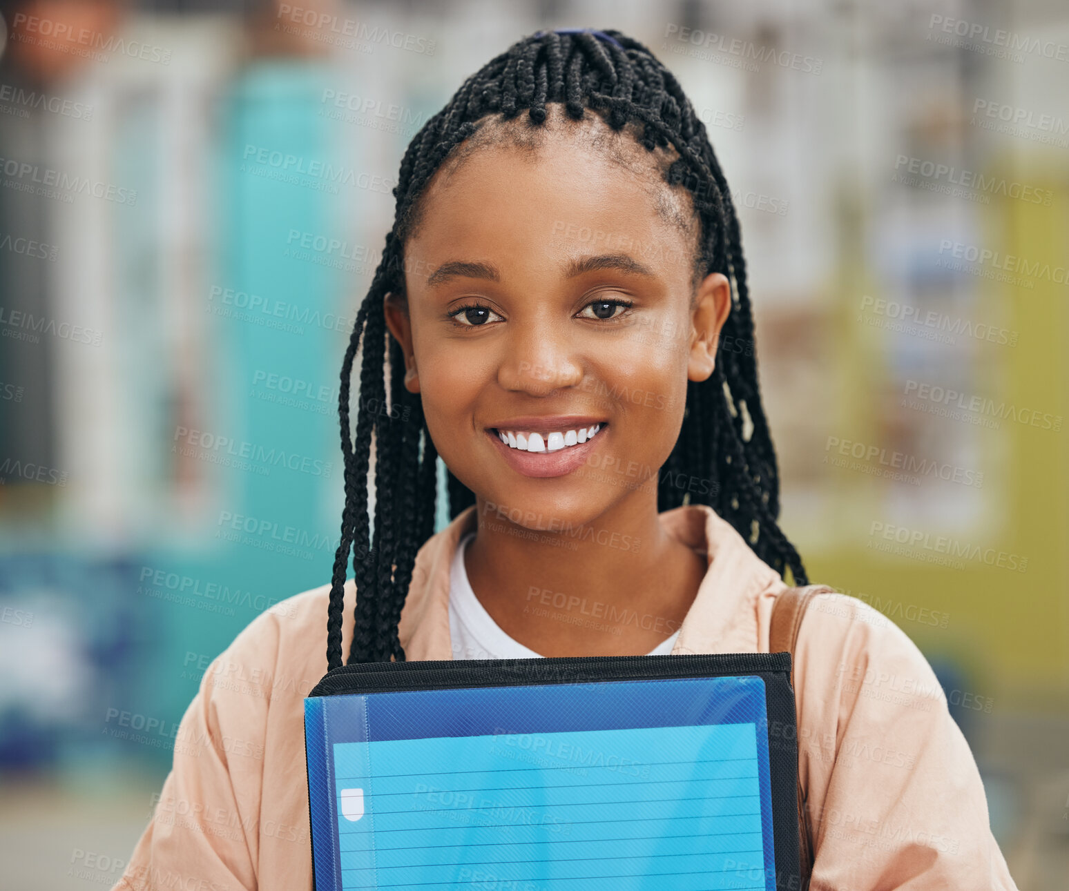 Buy stock photo College student, black woman portrait and university studying, learning and education at campus. Happy, smile and cool gen z young girl with exam books, motivation and academic knowledge in Jamaica