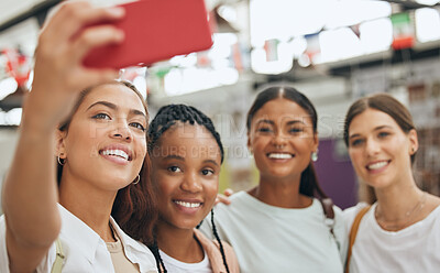 Buy stock photo Happy group phone selfie, friends or teamwork with business people for team building or social media post. 5g network, smartphone and workshop meeting collaboration or support with smile outdoors.
