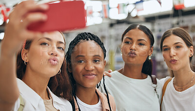 Buy stock photo Phone, selfie and gen z friends in university shopping on summer holidays, vacation and having fun together as girls. Diversity and college students enjoying quality time, photo and urban culture