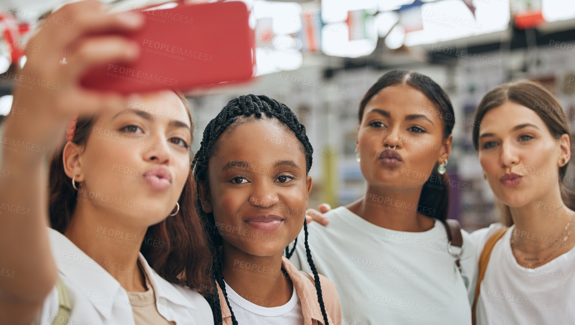 Buy stock photo Phone, selfie and gen z friends in university shopping on summer holidays, vacation and having fun together as girls. Diversity and college students enjoying quality time, photo and urban culture